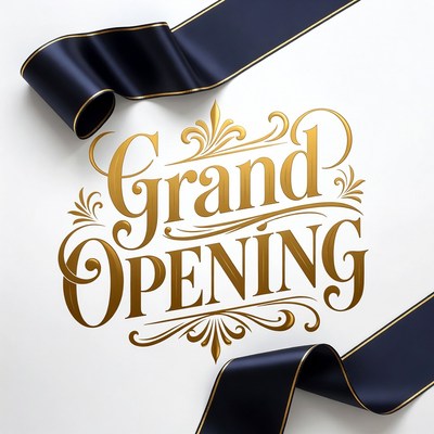 Grand Opening Gold Text with Navy Ribbon