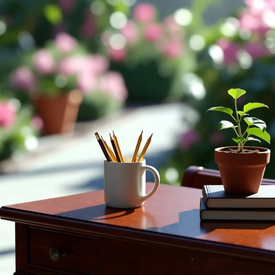 Pencils in mug on wooden desk