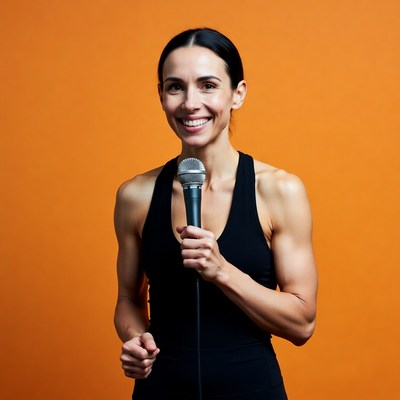 Woman holding microphone on orange background