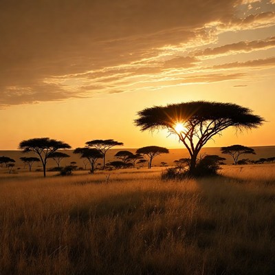 Acacia Trees at African Savanna Sunset