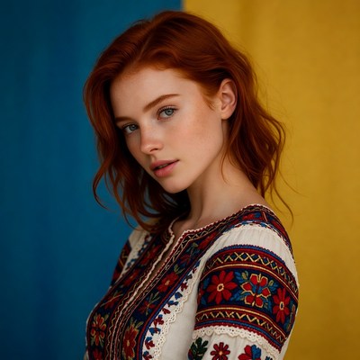 Redhead woman in embroidered dress