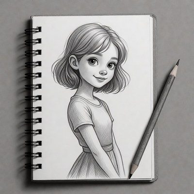 Pencil sketch of smiling girl in sketchbook