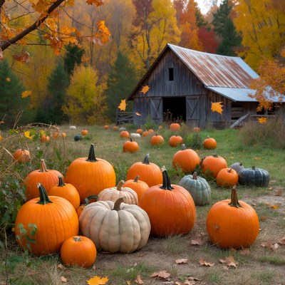 Pumpkins in front of autumn barn