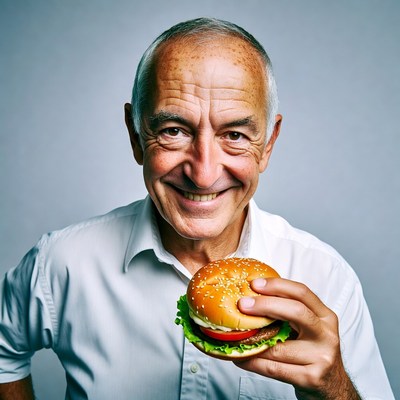 Elderly man holding burger