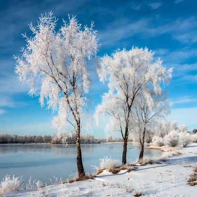 Frost-covered trees by frozen lake