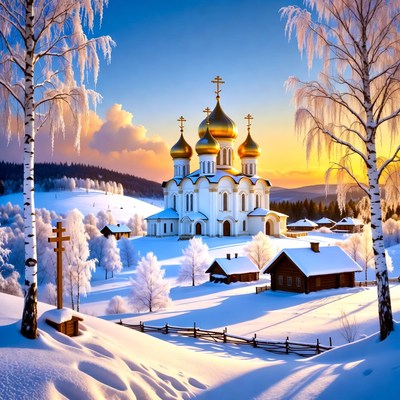 Russian Orthodox Church in Snowy Winter Landscape