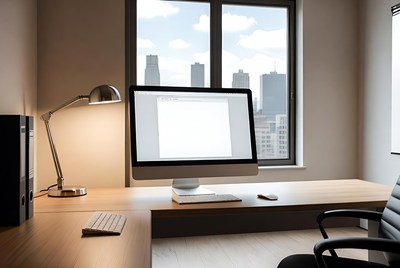 Modern Desk with Computer and City View