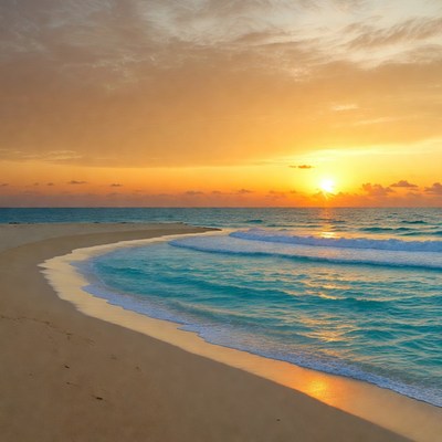Sunrise over turquoise beach waves