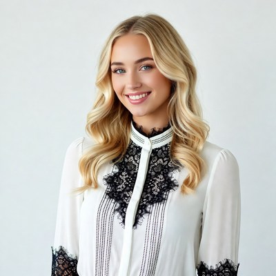 Blonde woman smiling in lace blouse