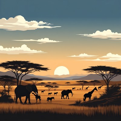 Elephants and Giraffes at African Sunset