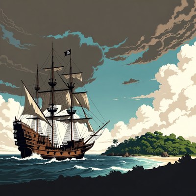 Pirate Ship Sailing Near Tropical Island