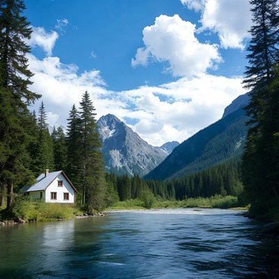 White Cabin by River in Mountains