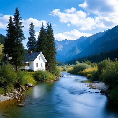 White Cabin by Mountain River