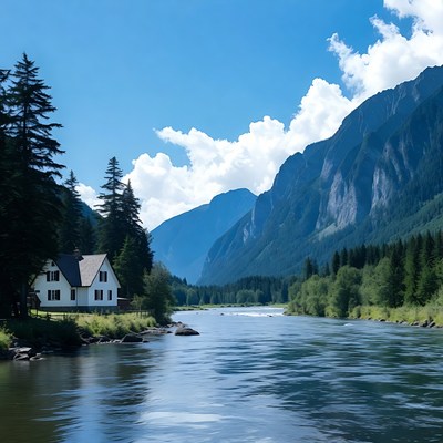 White Chalet by River and Mountains