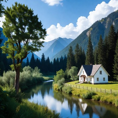 White house by river in mountains