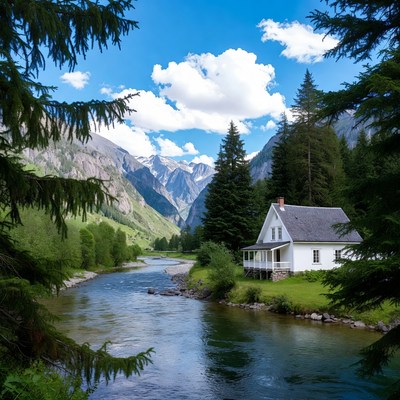 White Cabin by Mountain River