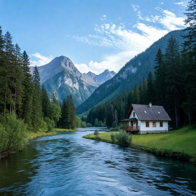 Chalet by river in Alps mountains
