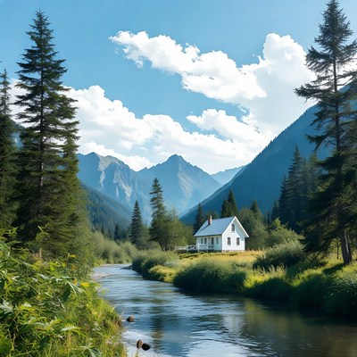 White cabin by river in mountains