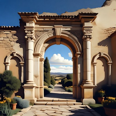 Ancient Stone Archway Over Garden Path
