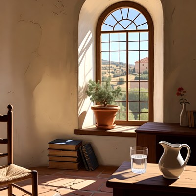 Sunlit Tuscan Window with Potted Plant