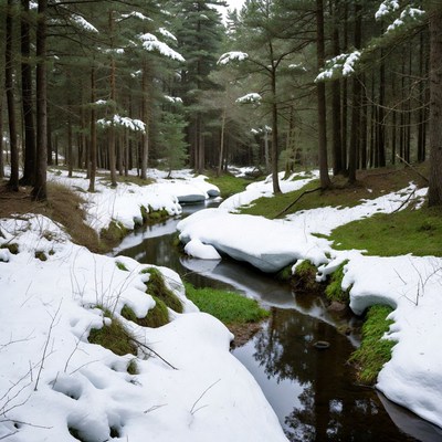 Snowy Stream in Pine Forest