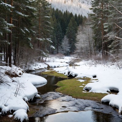 Snowy Forest with Winding Stream