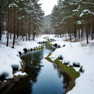 Snowy Forest with Winding Stream