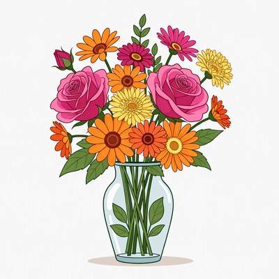 Colorful Flowers Bouquet in Glass Vase