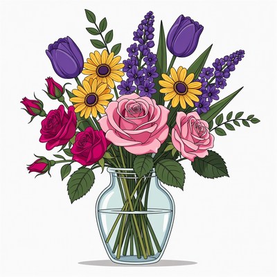 Colorful Flowers in Glass Vase