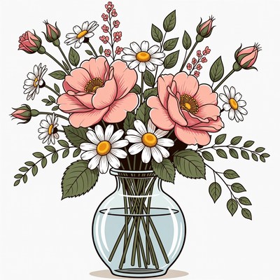 Pink Roses and Daisies in Glass Vase