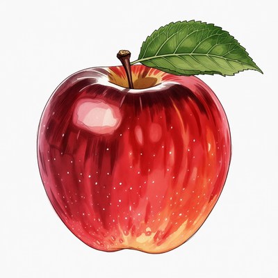 Red Apple with Green Leaf