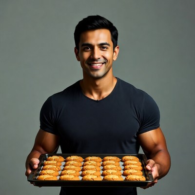 Muscular man holding tray of cookies
