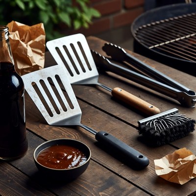 BBQ Grill Utensils on Wooden Table