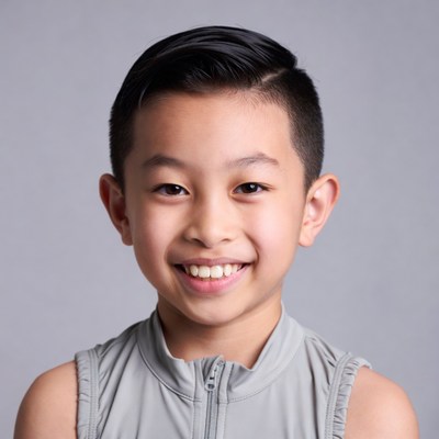 Smiling Asian boy in gray jacket