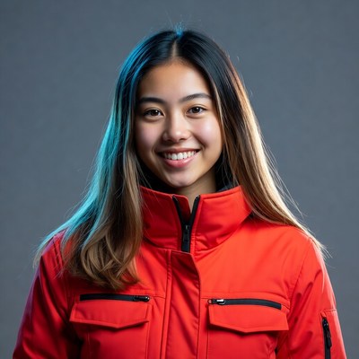 Asian woman smiling in red jacket