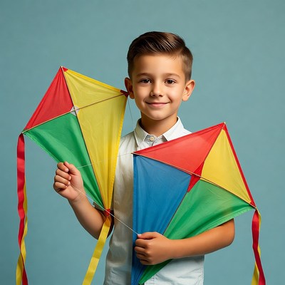 Boy holding colorful kites