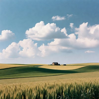 Lonely farmhouse in rolling wheat fields