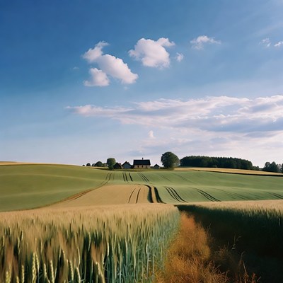 Wheat Fields with Farmhouse Under Blue Sky