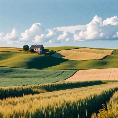 Lonely house on rolling farmlands