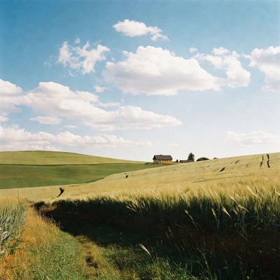 Yellow house in golden wheat fields