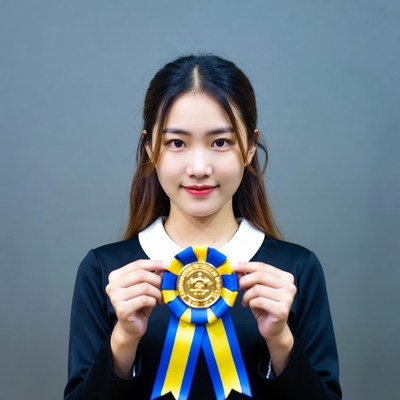 Asian woman holding gold medal