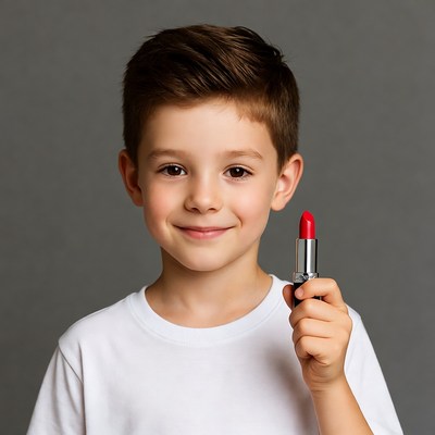 Boy holding red lipstick