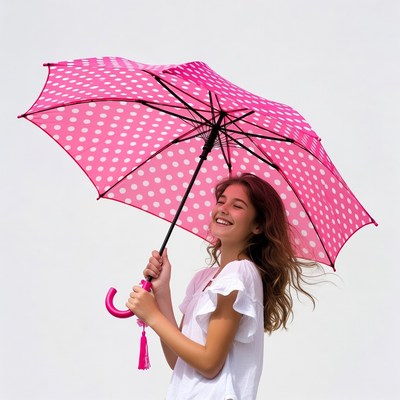 Girl holding pink polka dot umbrella