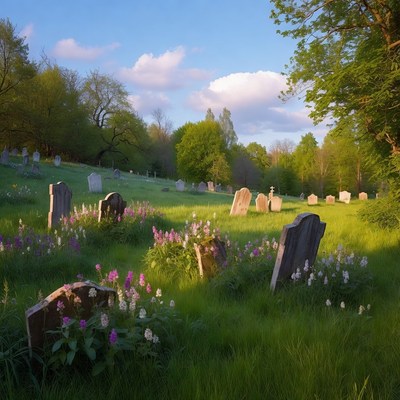 Flower-covered gravestones in sunny cemetery