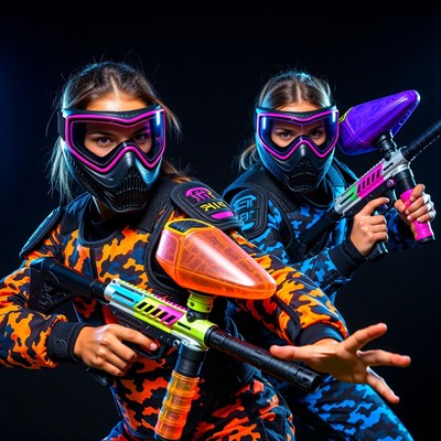 Two girls in neon paintball gear