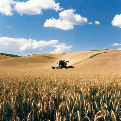 Combine harvester in wheat field