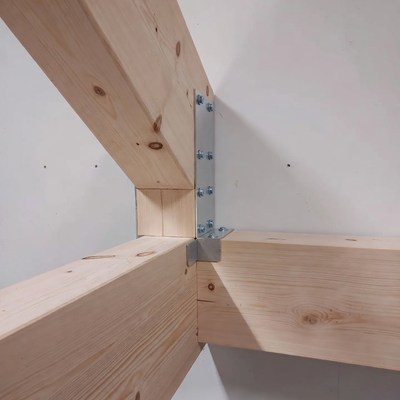 Wooden Beam Corner with Metal Brackets