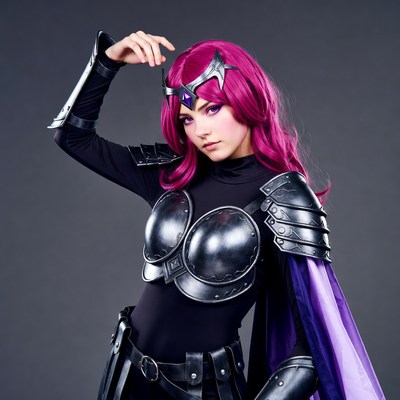 Cosplay woman in pink hair armor