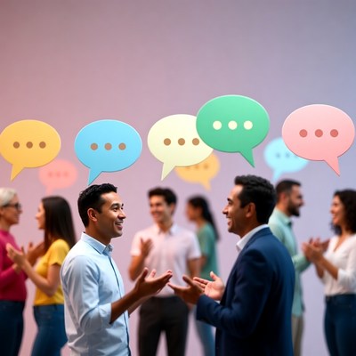 Diverse group discussing with speech bubbles