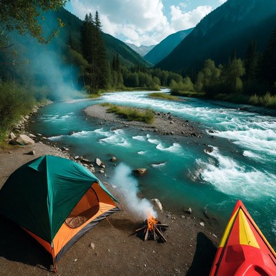 Green tent campfire kayak riverside mountains